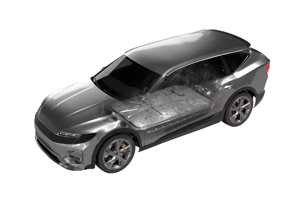 A 3D model of a metallic gray car. The center of the car is made transparent to allow to see the EV battery inside the vehicle.