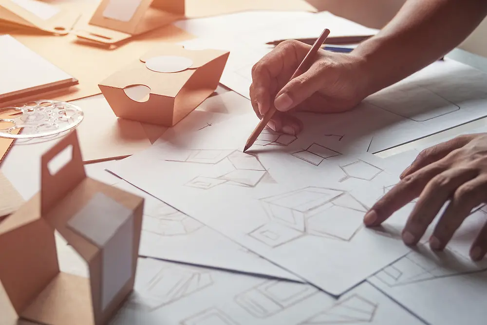 two hands, one holding a pencil and drawing geometrical shapes on paper on a desk awash with further drawings and a few carton 3D models