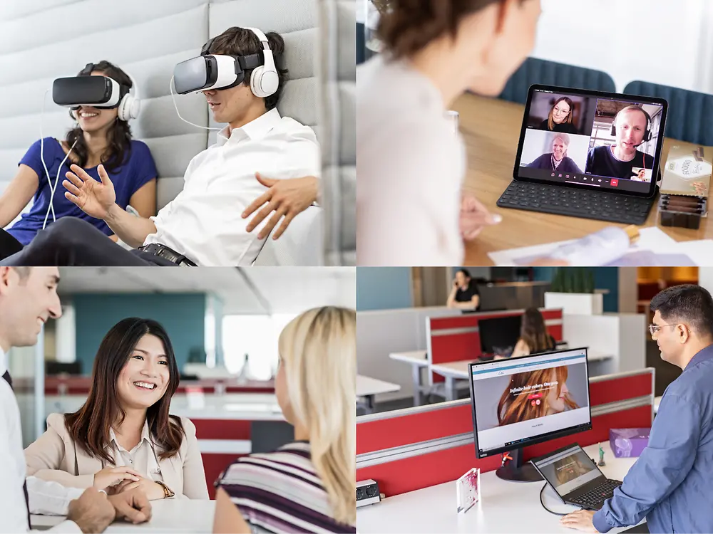 Collage of Henkel employees using different electronical devices at work