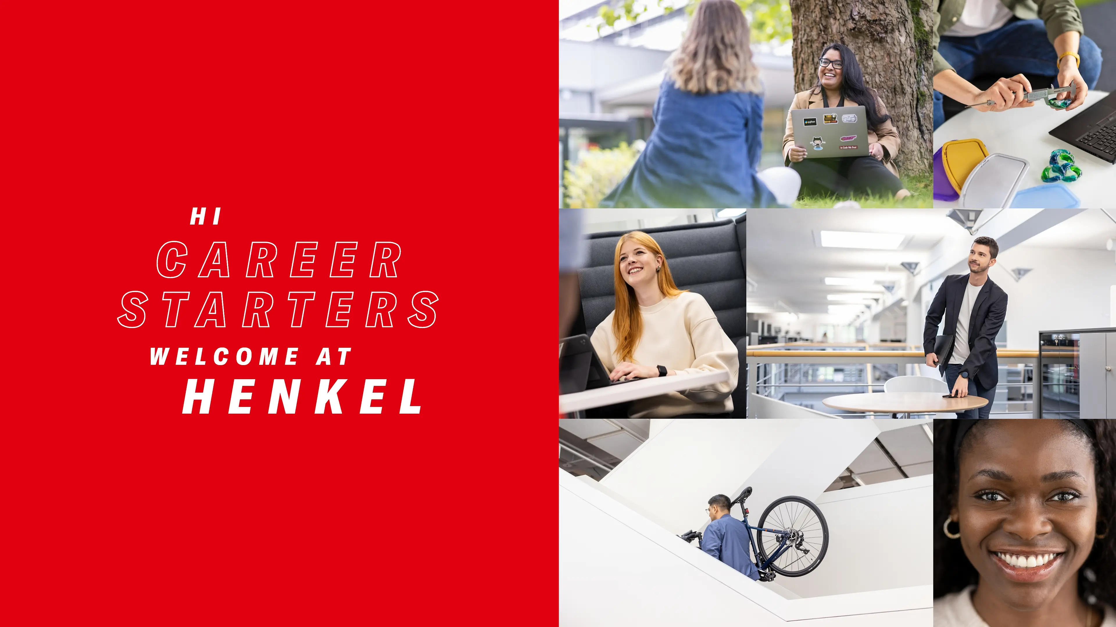 Various Henkel employees portrayed in action and in different working environments.