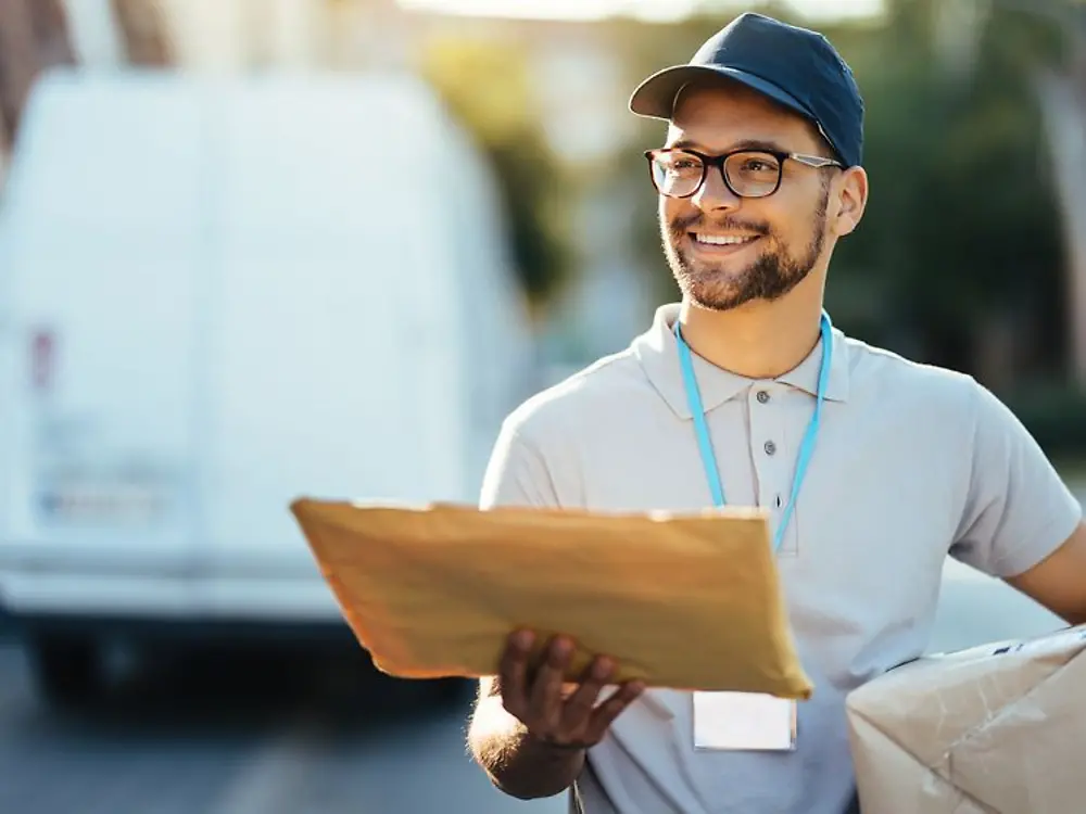 Parcel delivery person holding a shipping bag.