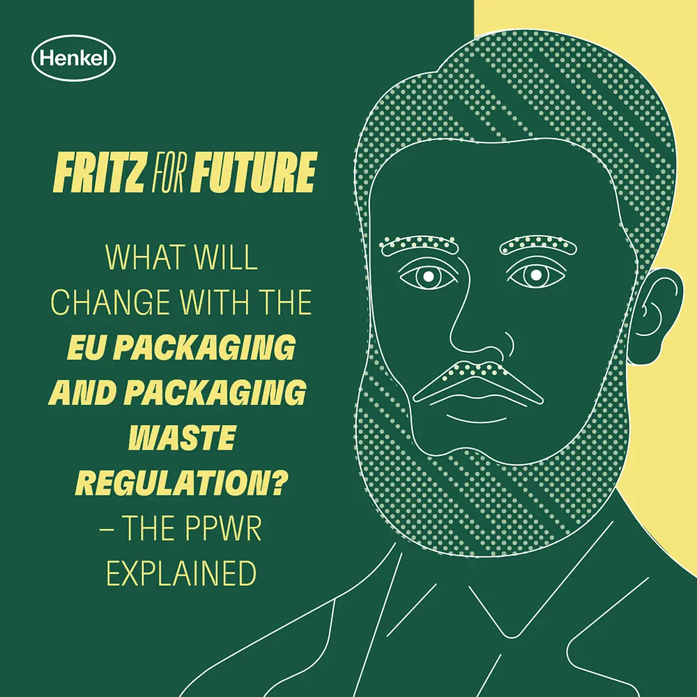 Green and yellow cover visual of the podcast episode with the episode title “What will change with the EU Packaging and Packaging Waste Regulation – The PPWR explained” displayed on the left hand side and a line portrait of Fritz Henkel on the right hand side. 