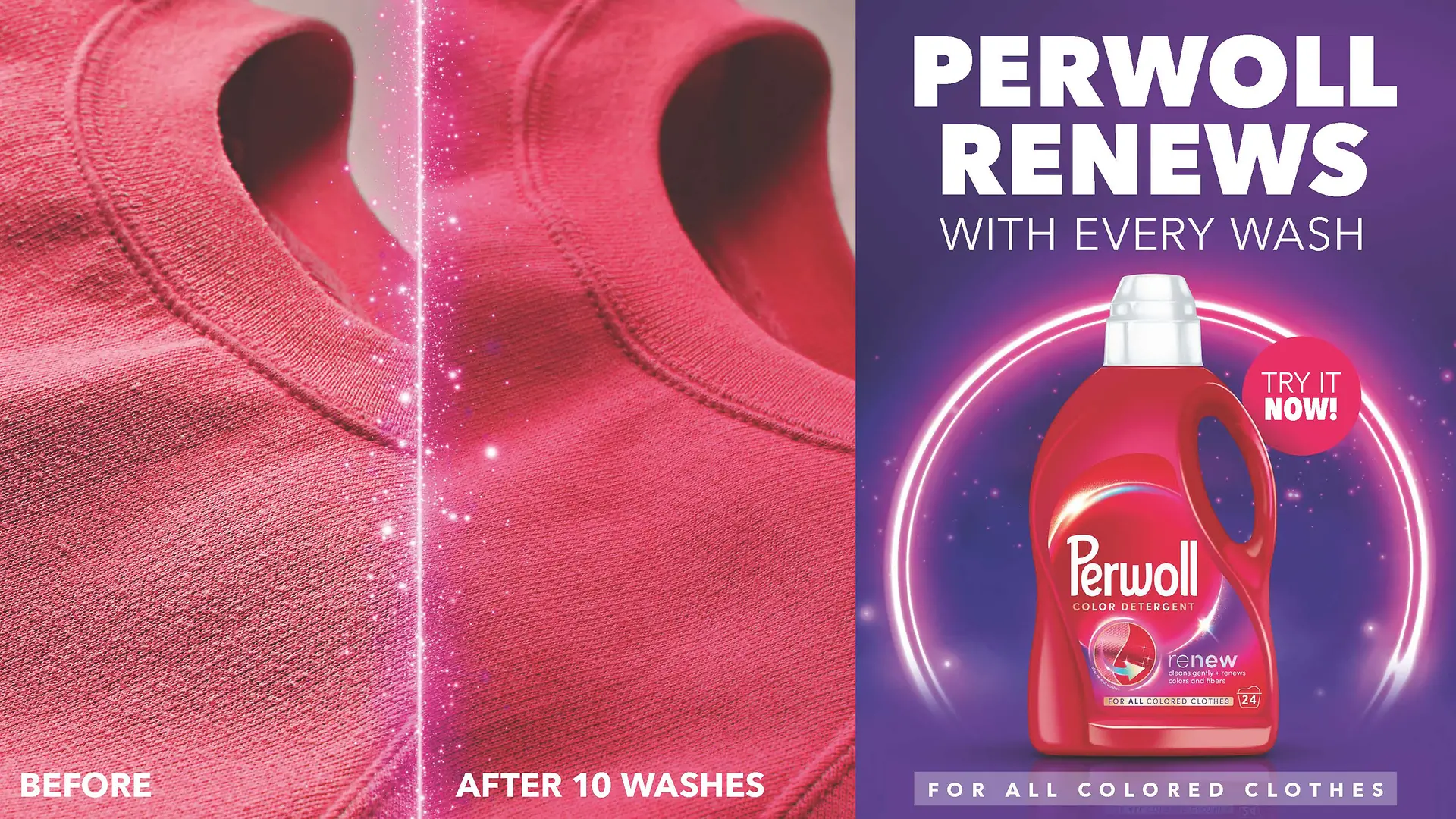 A before and after image of a red sweatshirt that has been washed with Perwoll.