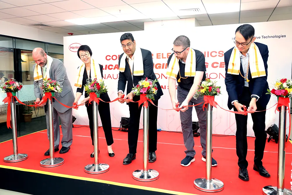 
Henkel has inaugurated its new Application Engineering Center for the electronics sector in Chennai, India. From left to right: Kevin Becker, Vice President Innovation for Electronics; Wen Zhou, Corporate Vice President for Electronics; S Sunil Kumar, Country President Henkel India; Timothy McKenney, Director, Strategy & PMO for Electronics and Jason Cheung, Head of Sales Consumer Device India and China