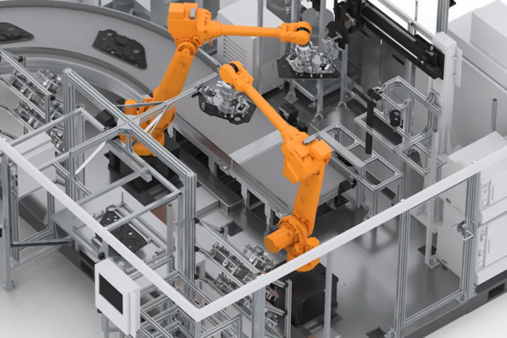 
System configuration with Sonderhoff DM 502 mixing and dosing machine with two 6-axis robots for part handling, plasma station and a conveyor belt for feeding out
