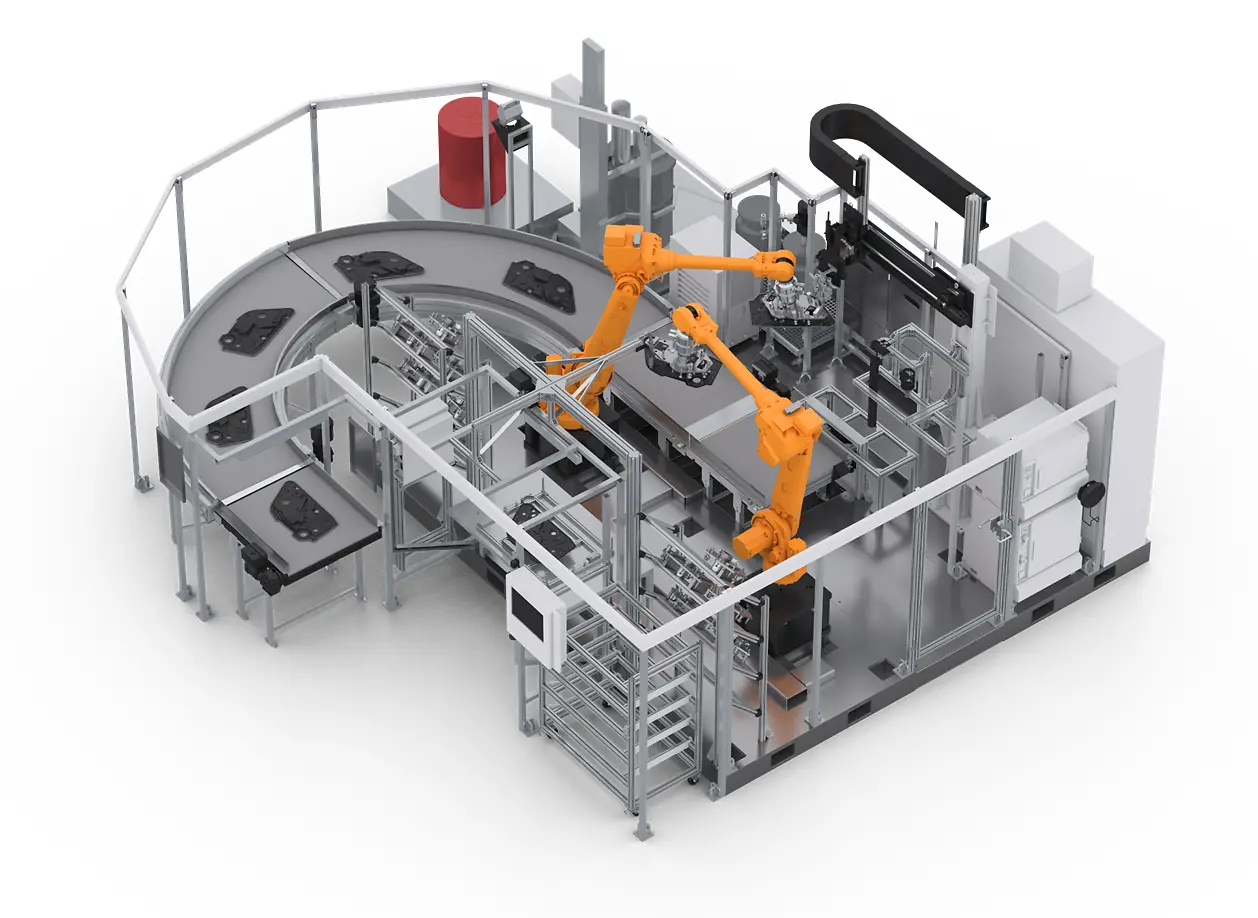 
System configuration with Sonderhoff DM 502 mixing and dosing machine with two 6-axis robots for part handling, plasma station and a conveyor belt for feeding out
