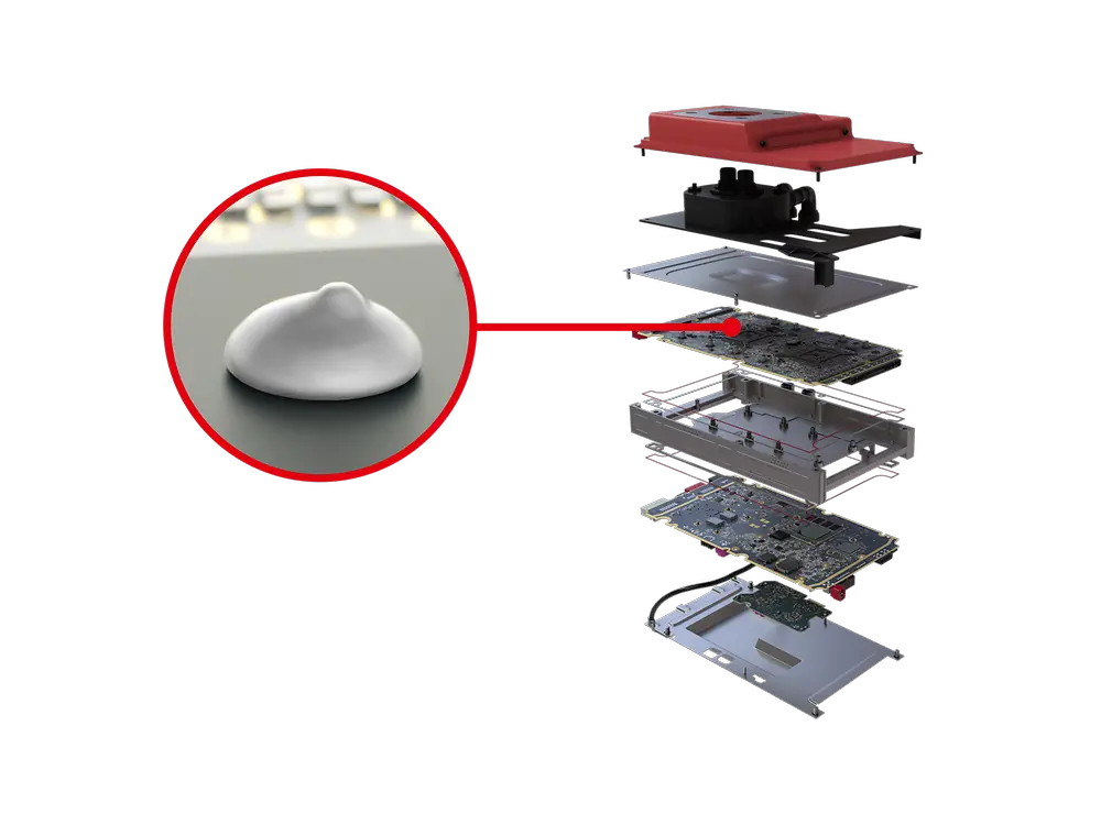 
Bergquist Liqui Form TLF 6500CGel-SF, thermal cure gel applied on the ADAS Domain Controller.