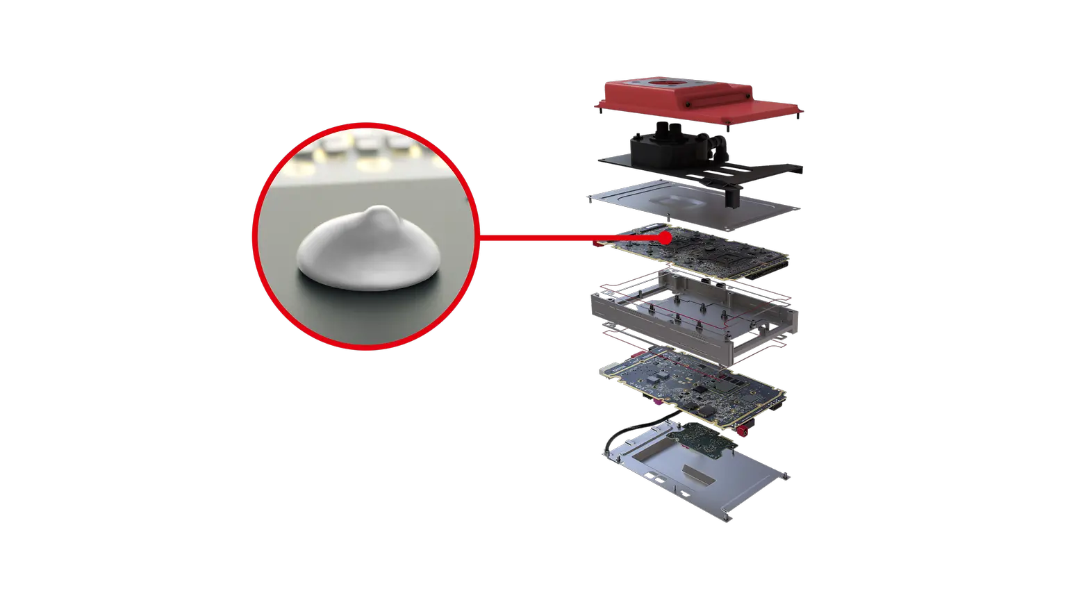 
Bergquist Liqui Form TLF 6500CGel-SF, thermal cure gel applied on the ADAS Domain Controller.