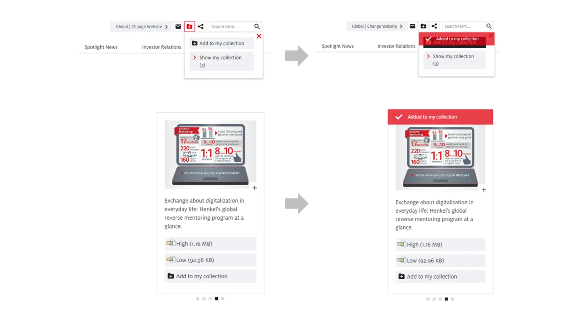 
After adding pages or single elements to your collection you will be notified when the element has been added successfully.