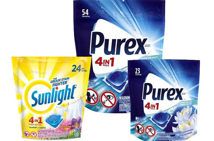 Sunlight and Purex plastic detergent pouches